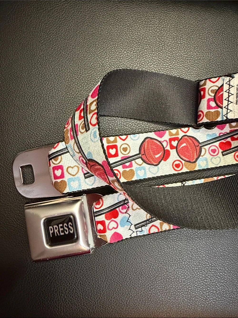 Buckle-Down Heart & Lollipop Seatbelt Belt - Red, Pink, Blue, Brown